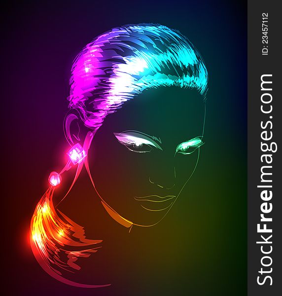 Hand-drawn fashion model from a neon. Vector illustration. A light girl's face. Hand-drawn fashion model from a neon. Vector illustration. A light girl's face.