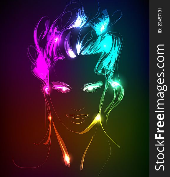 Hand-drawn fashion model from a neon. Vector illustration. A light girl's face. Hand-drawn fashion model from a neon. Vector illustration. A light girl's face.