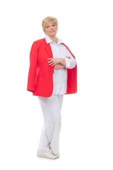 Portrait Of A Smiling Adult Woman In A Red Jacket Stock Photo Portrait Of A Smiling Adult Woman In A Red Jacket Stock Photo