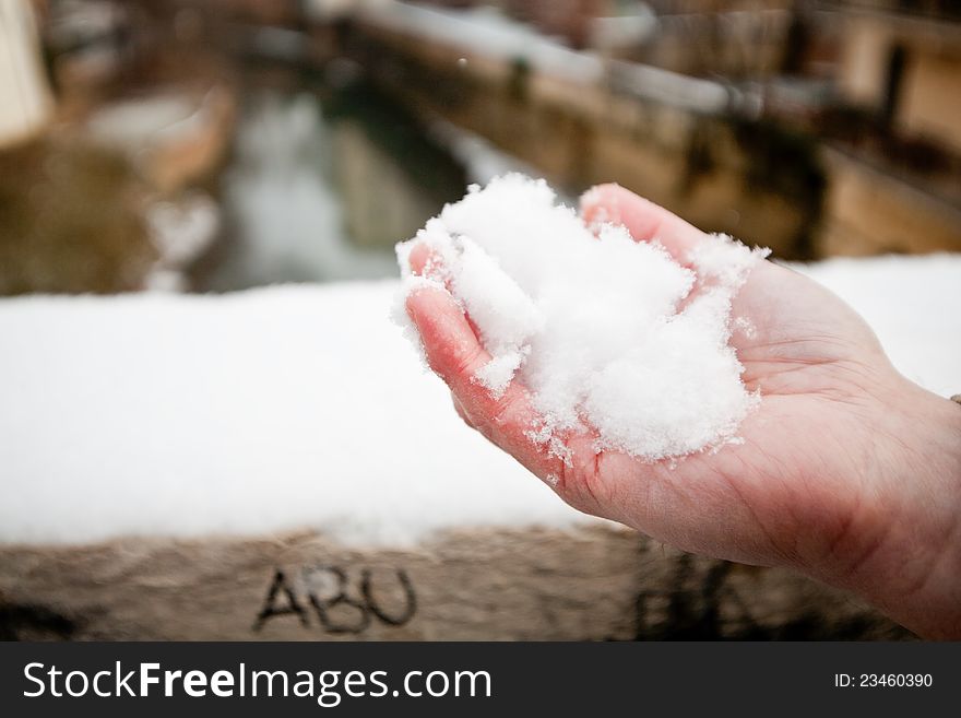 A man holds snow in his hand. A man holds snow in his hand