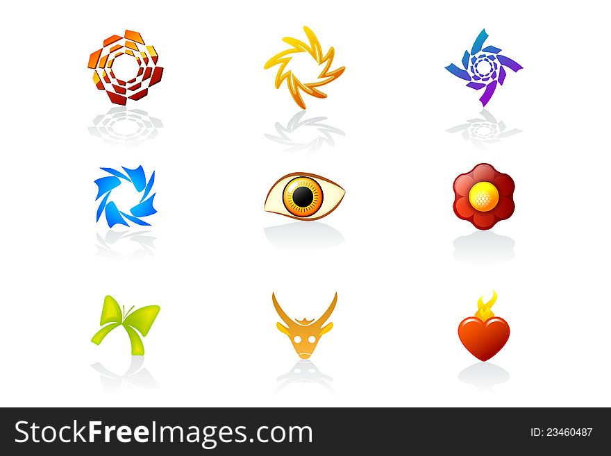Set of abstract design elements, logos, eye, flower, spirals, butterfly, antelope and hearth