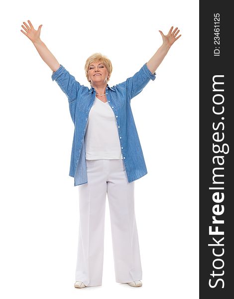 Portrait of a smiling adult woman in a blue shirt welcomes isolated against white background. Portrait of a smiling adult woman in a blue shirt welcomes isolated against white background