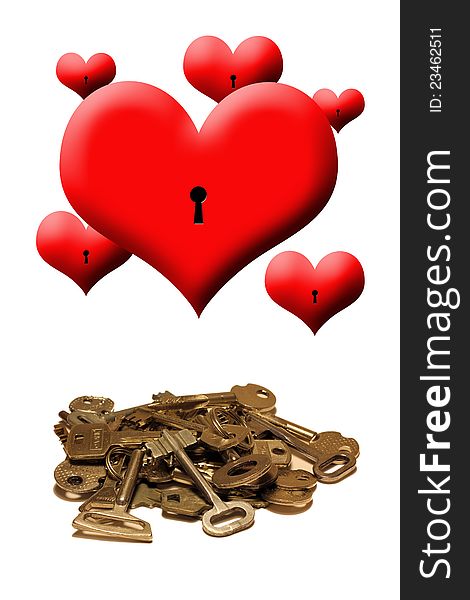 Hearts and heap of keys to them on a white background. Hearts and heap of keys to them on a white background