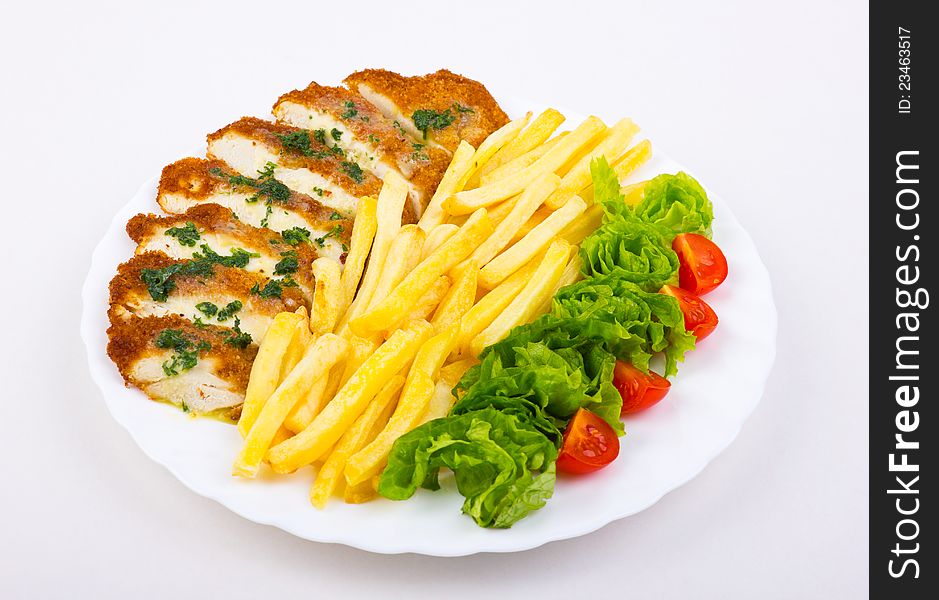 French fries and chicken