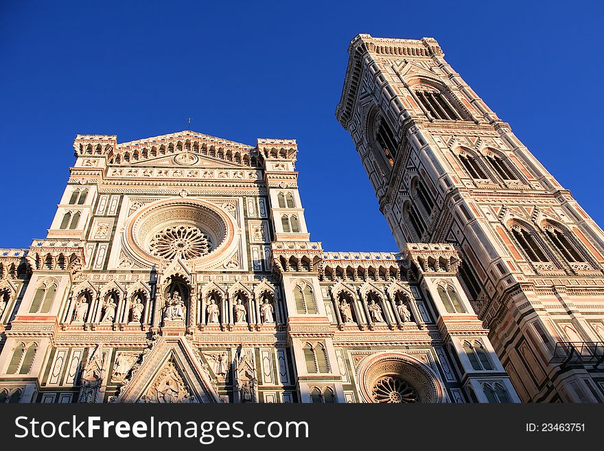 Closeup of Santa Maria Del Fiore Cathedral and Giotto bell tower. Florence, Italy