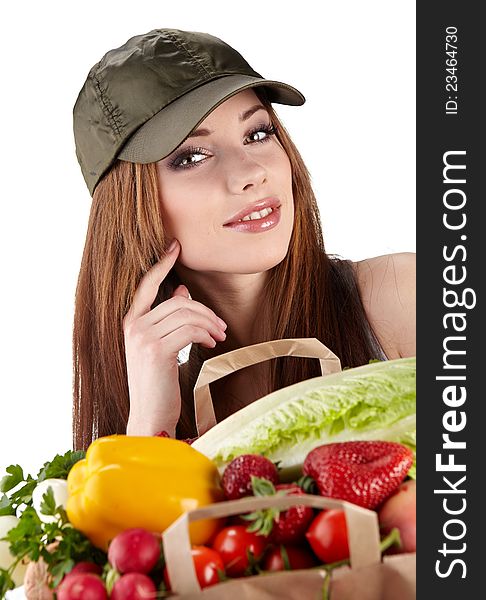 Healthy lifestyle - cheerful woman with fruit shopping paper bag on white background. Healthy lifestyle - cheerful woman with fruit shopping paper bag on white background