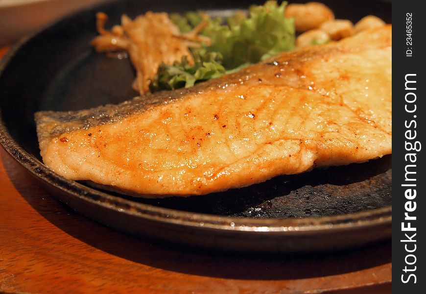 Hot pan with japanese salmon steak. Hot pan with japanese salmon steak