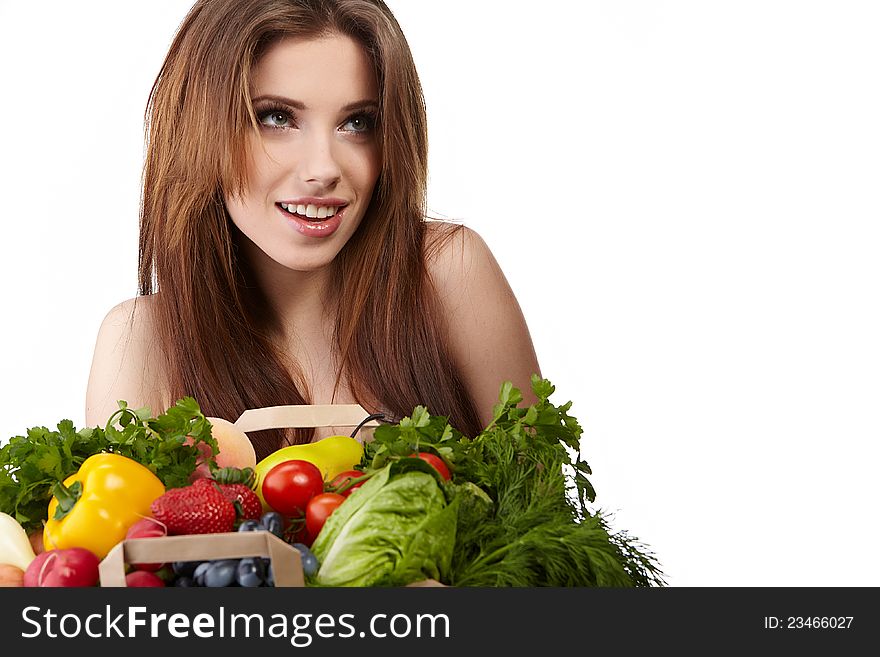 Woman holding a bag full of healthy food. shopping . Woman holding a bag full of healthy food. shopping .