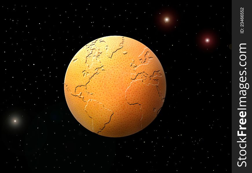 Globe in the form of an orange against the star sky. Globe in the form of an orange against the star sky