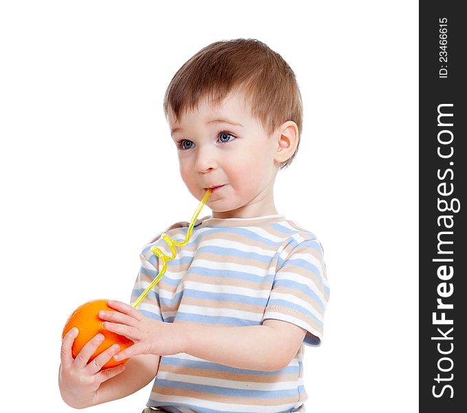 Funny child drinking fruits orange isolated