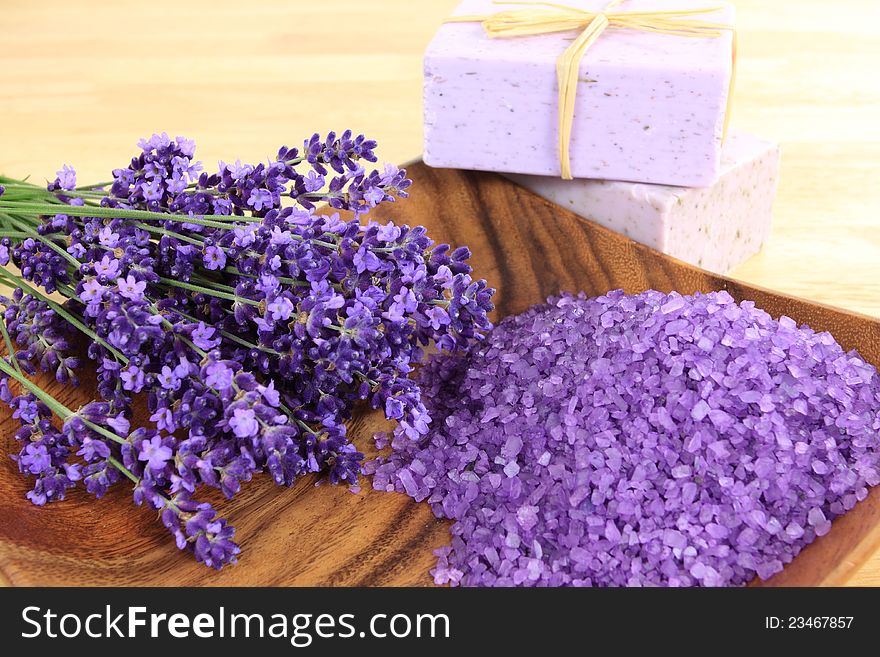 Spa and wellness resort. Lavender soap and salt with lavender flower. Spa and wellness resort. Lavender soap and salt with lavender flower.