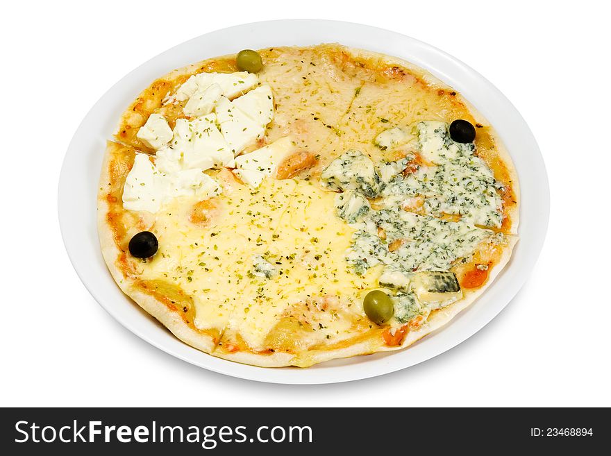 Pizza with four cheeses on plate, isolated on white