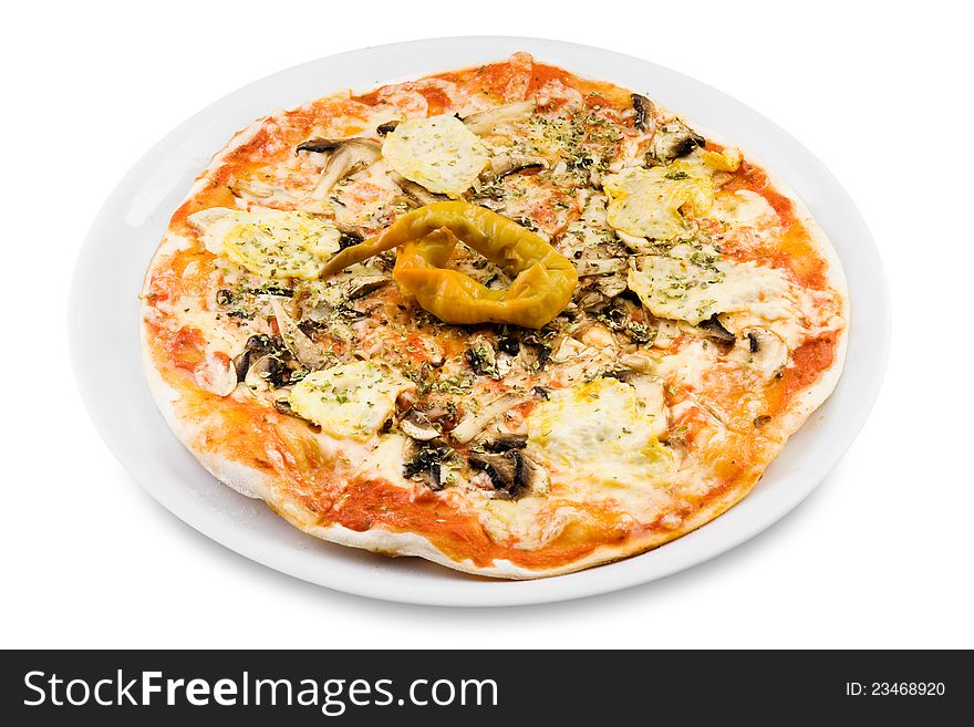 Pizza with mushrooms, cheese, chili pepper on plate, isolated