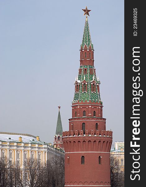 Moscow Kremlin towers with stars winter view. Moscow Kremlin towers with stars winter view