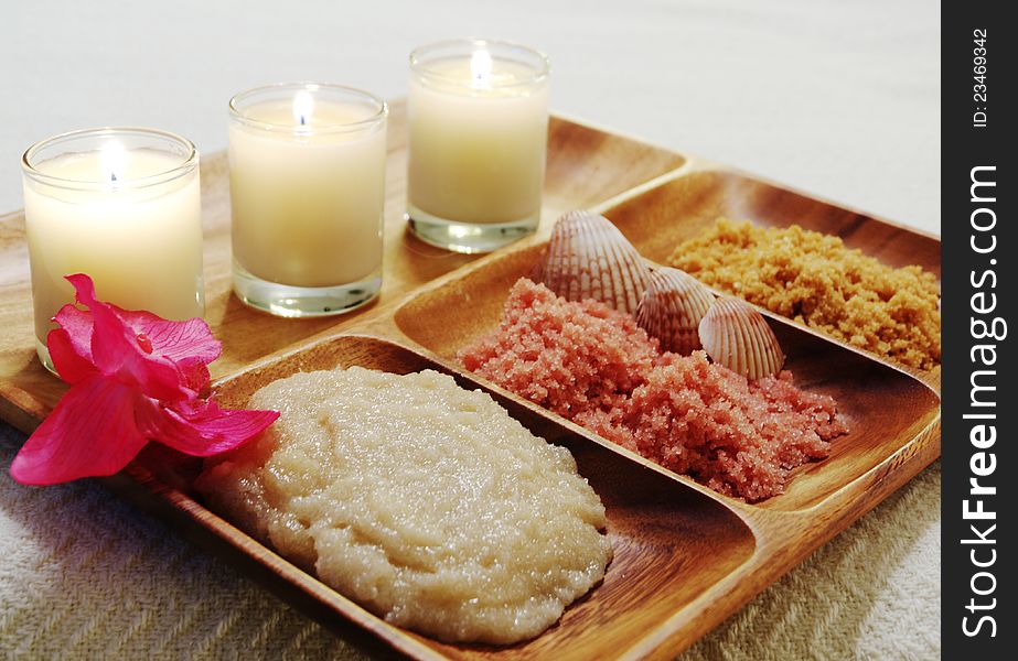 Wooden Tray of Facial Spa Minerals with Candles. Wooden Tray of Facial Spa Minerals with Candles