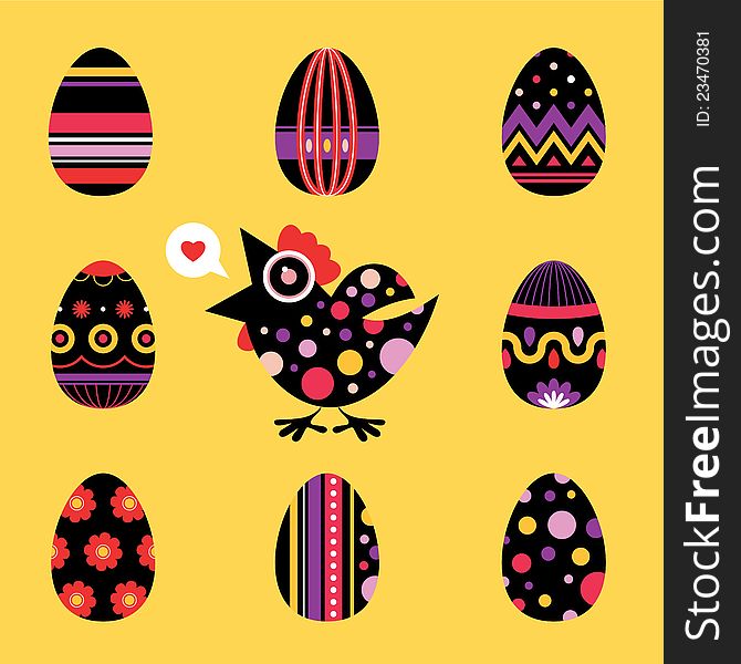 Background with Easter eggs and screaming chicken. Vector decorative illustration. Background with Easter eggs and screaming chicken. Vector decorative illustration.