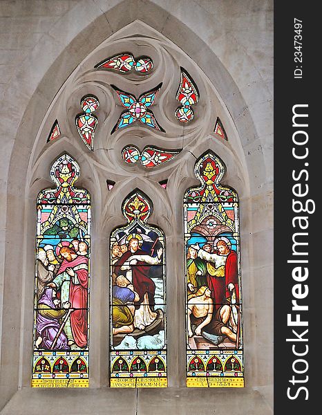 Stained glass decorated windows in a church. Stained glass decorated windows in a church