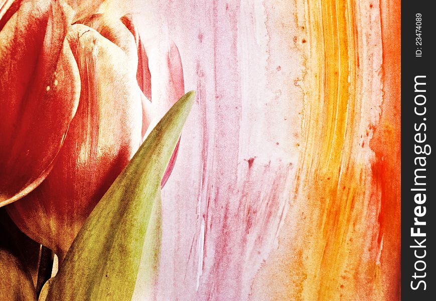 Red tulips over grunge painted background. Red tulips over grunge painted background