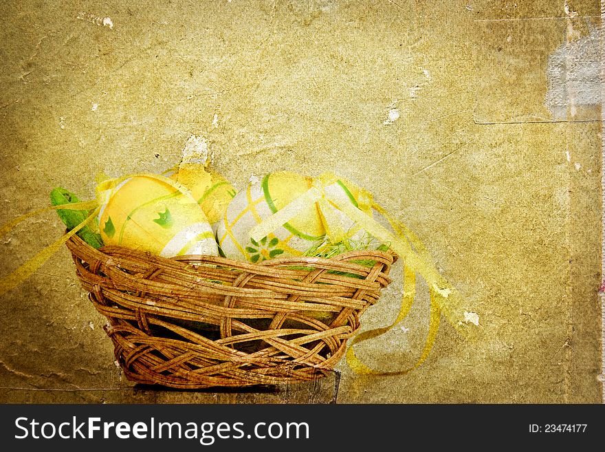 Vintage photo of a basket with easter eggs