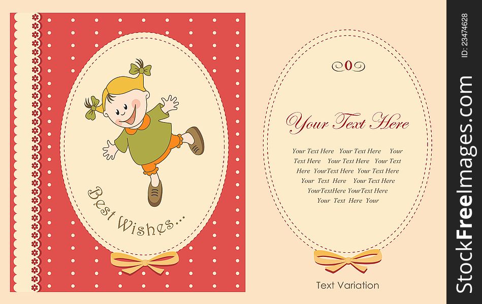 Vector illustration of greeting card with girl on textile application. Decorative border. Vector illustration of greeting card with girl on textile application. Decorative border