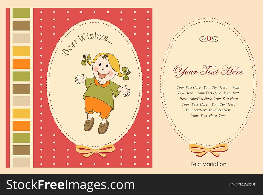 Vector illustration of greeting card with baby girl on textile application. Decorative frame. Vector illustration of greeting card with baby girl on textile application. Decorative frame