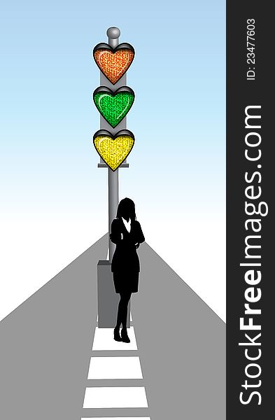 A lady under love traffic signal. A lady under love traffic signal