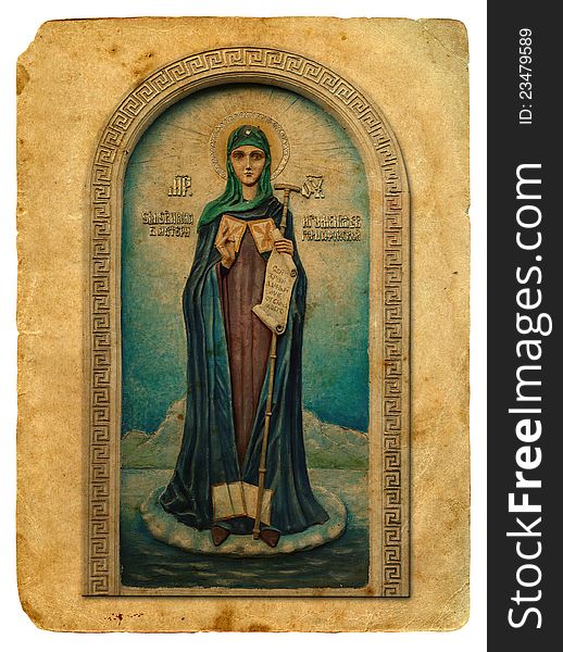 Icon of the Holy. Old postcard, design in grunge and retro style. Icon of the Holy. Old postcard, design in grunge and retro style