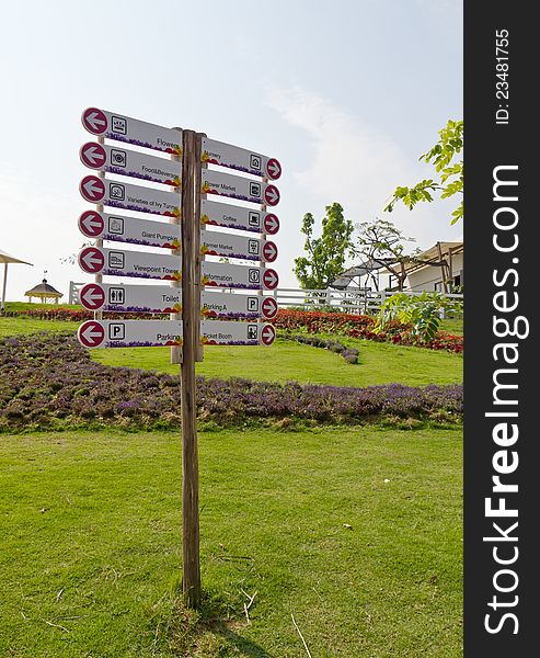 Information street signpost in the garden