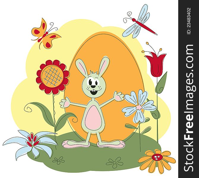 Easter greeting card with rabbit and flowers