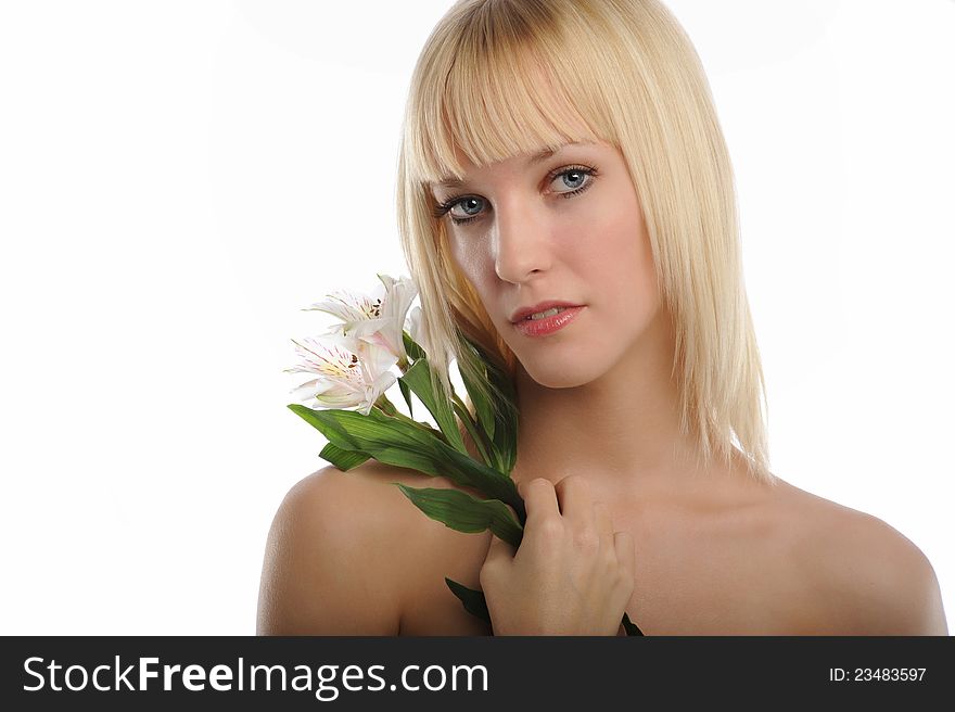 Young Blond Woman holding Flowers isolated on a white background
