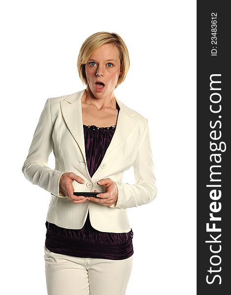 Young Businesswoman text messaging expressing surprise isolated on a white background