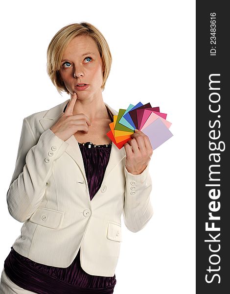 Young Businesswoman holding color swatches isolated on a white background