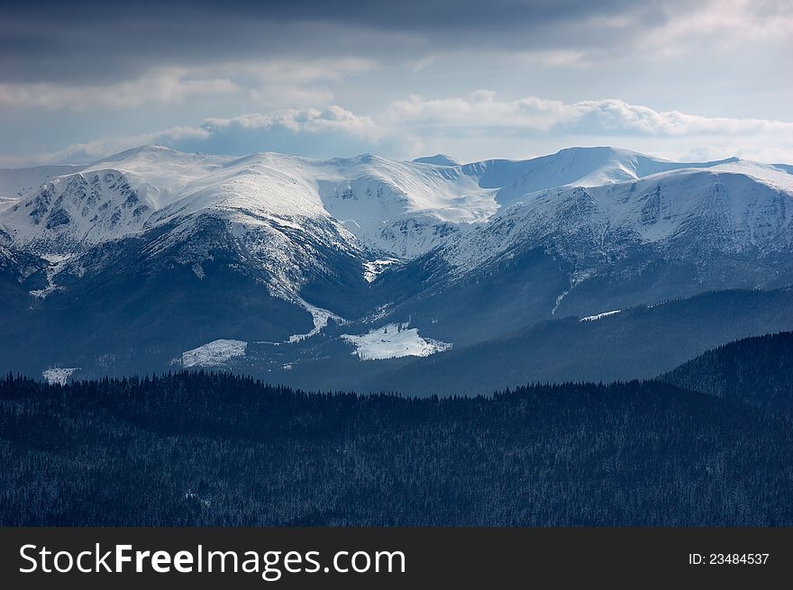Winter landscape in the mountains. Ukraine, Carpathians, ridge Chernogora. Winter landscape in the mountains. Ukraine, Carpathians, ridge Chernogora