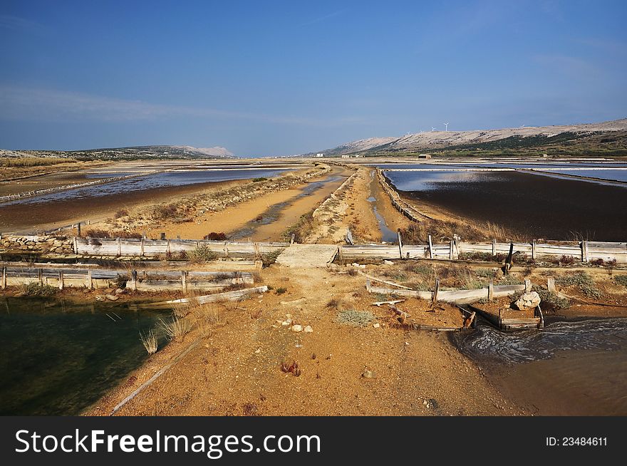 The old salt pans near the town of Pag. The old salt pans near the town of Pag