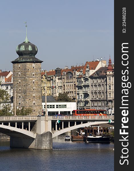 View on the tower, bridge and the river Vltava in Prague. View on the tower, bridge and the river Vltava in Prague