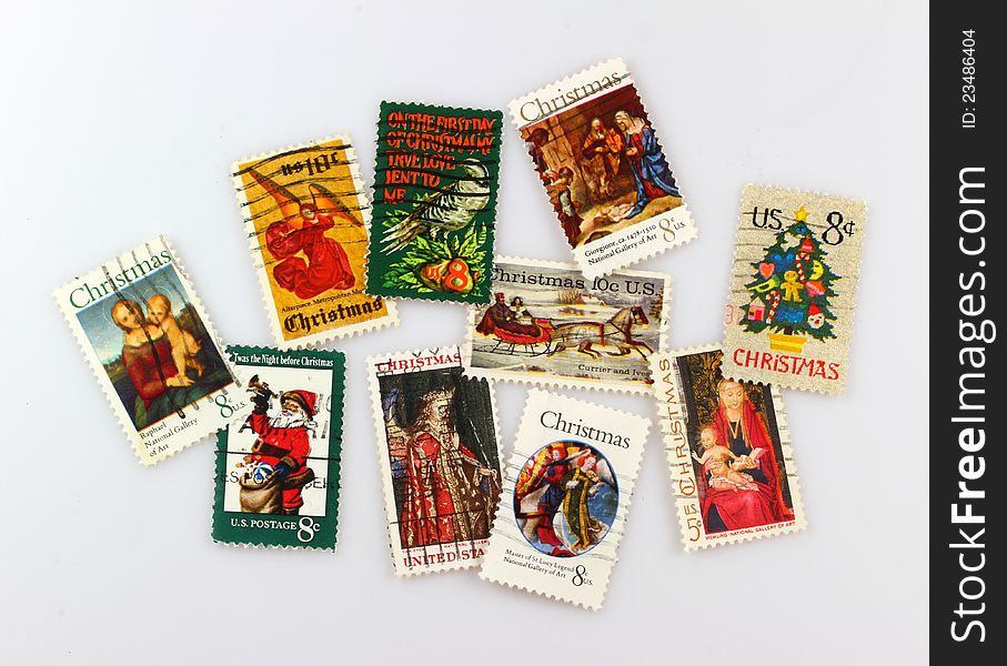 Assortment of United States Xmas Holiday Postage Stamps. Assortment of United States Xmas Holiday Postage Stamps