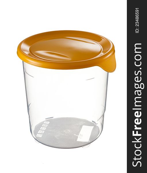 Plastic container with yellow lid over white