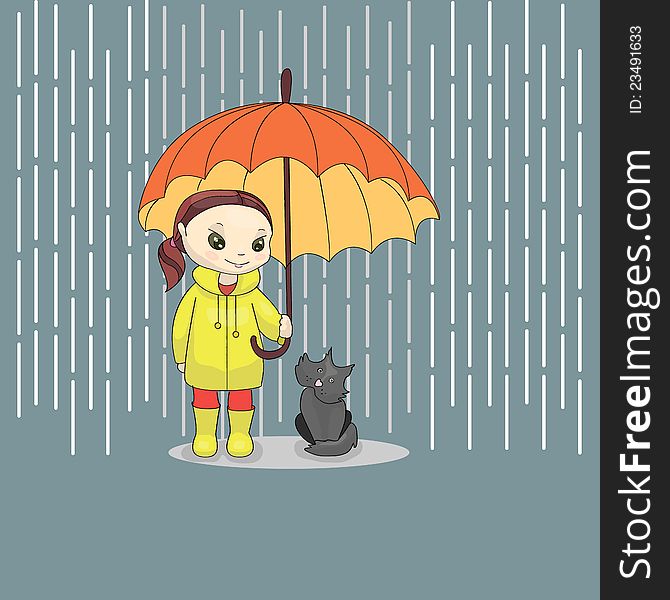 Vector illustration with cat and girl. Vector illustration with cat and girl