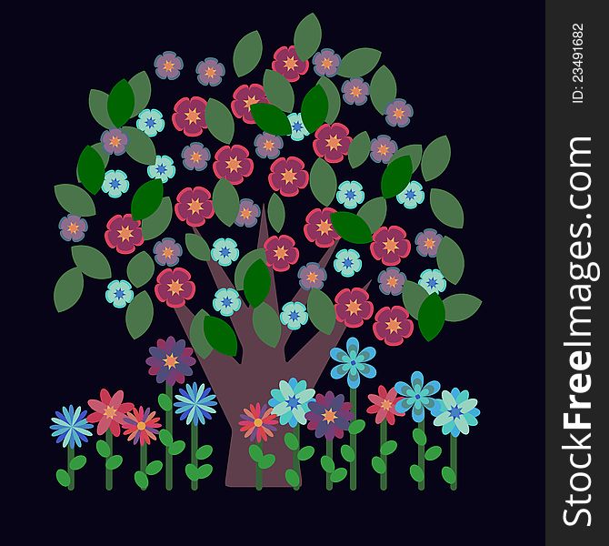 Blossom tree with flowers in decorative style