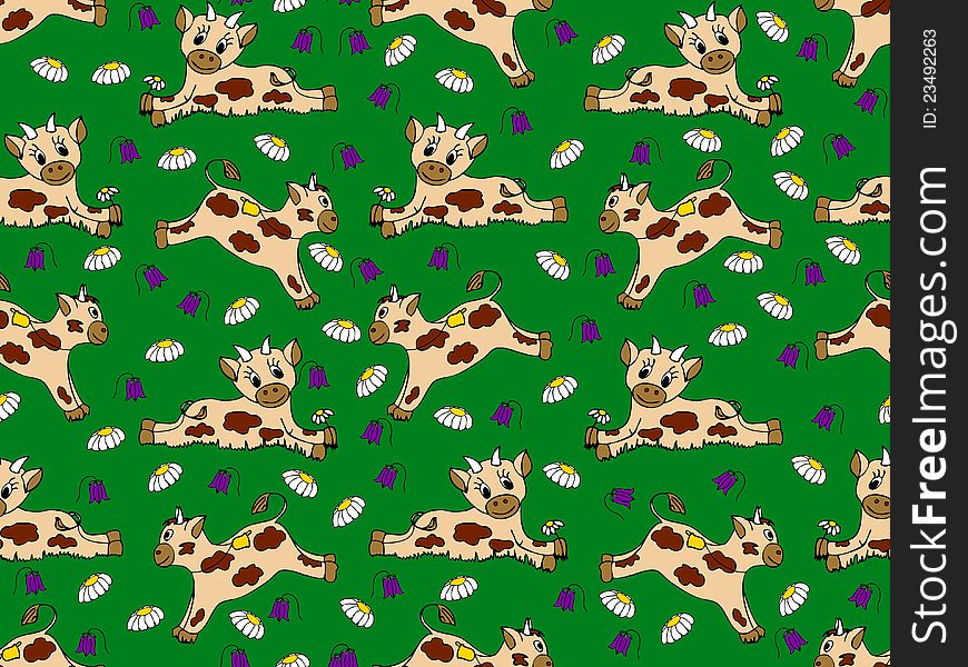 Cartoon seamless pattern with calves on the meadow