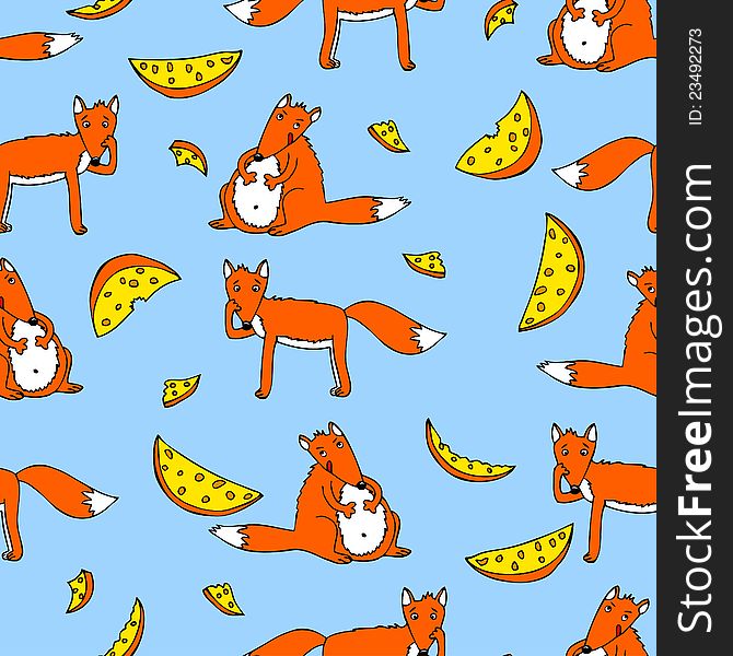 Funny seamless pattern with foxes and cheese