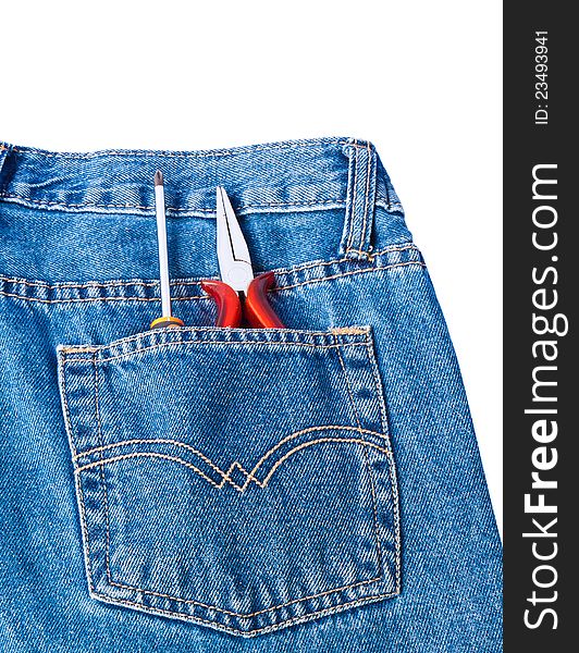 Screwdriver and pliers in Jean's pocket. Screwdriver and pliers in Jean's pocket