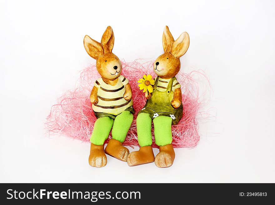 Toy Easter rabbits in love