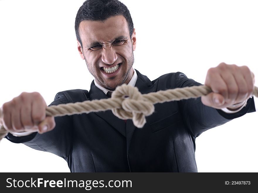 Business man pulling and bond tied with rope concept isolated on white background in studio