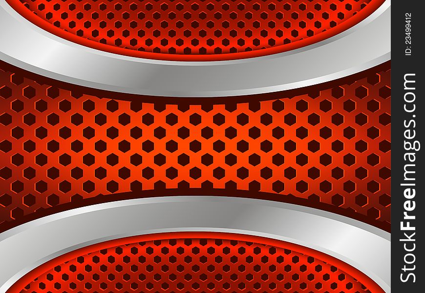Abstract red background with metallic elements and hexagon perforated pattern. Abstract red background with metallic elements and hexagon perforated pattern.