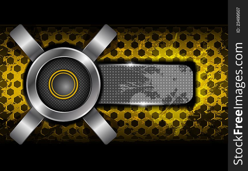 Abstract yellow background with metallic circle speaker and hexagon perforated pattern plate. Part of set.