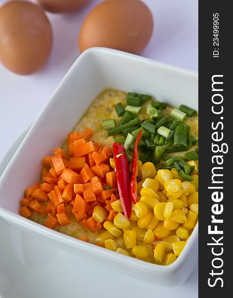 Thai food, Egg pudding topped with vegetable