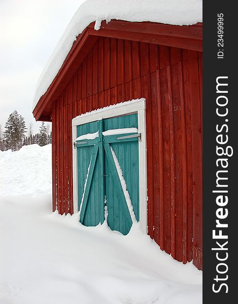 Greed door in deep snow in Sweden. Greed door in deep snow in Sweden
