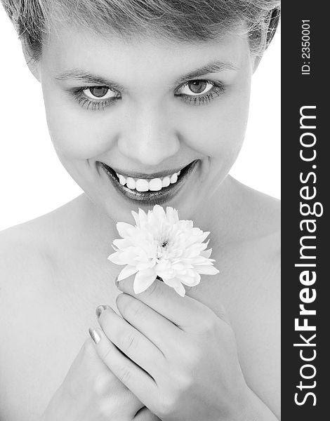 Close-ups lovely woman smile portrait with white hrysanthemum in hand
