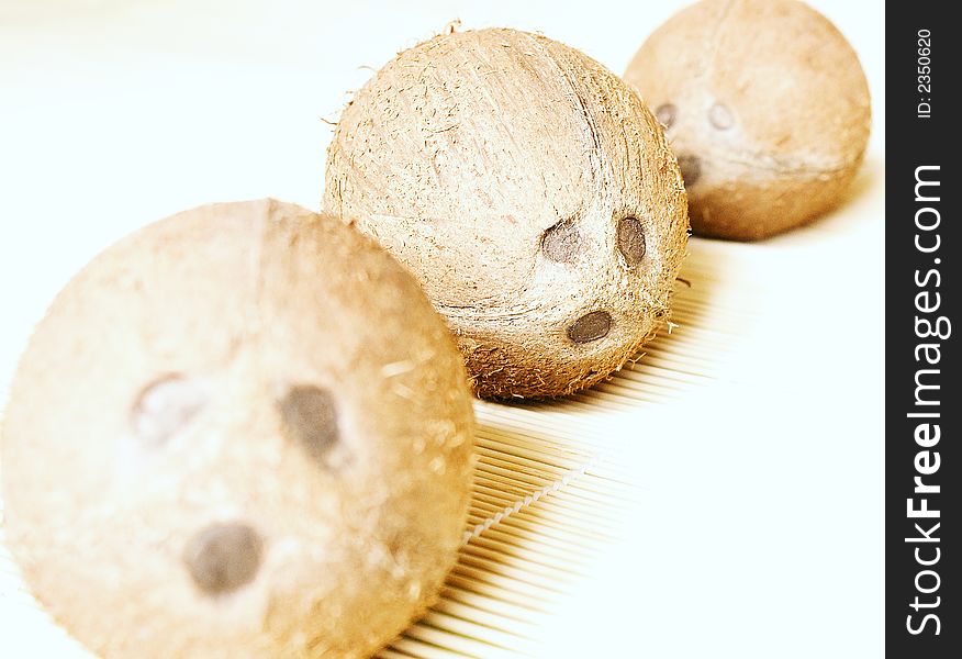 Three coconuts with sad human-like faces. Three coconuts with sad human-like faces.